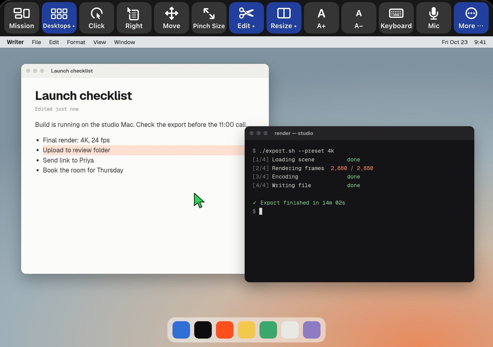 FoldRemote screen: toolbar along the top, Mac desktop below