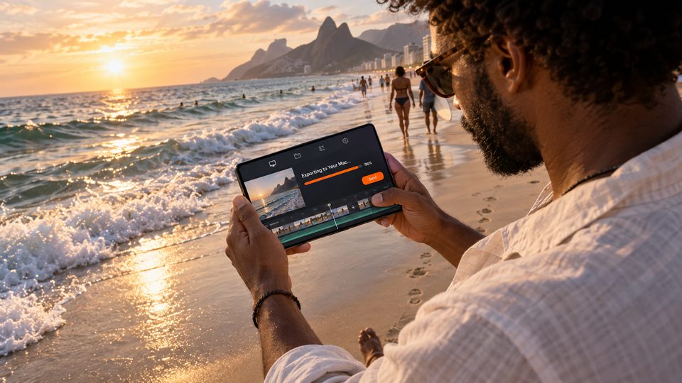 Over the shoulder of a man on a beach at sunset, holding an iPhone Duo opened flat that shows a video export on his Mac at 96 percent
