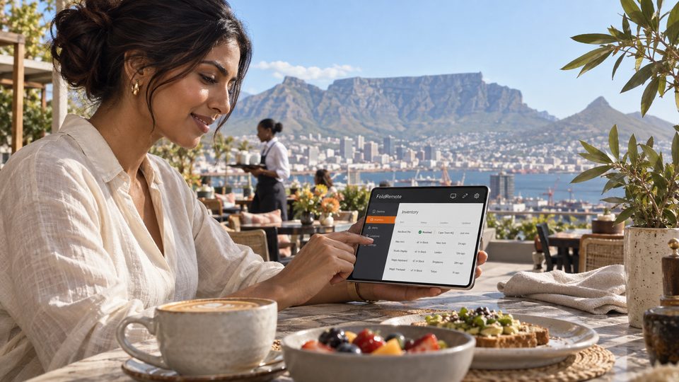 A woman at a sunny rooftop café table with coffee and breakfast, tapping an inventory spreadsheet from her Mac on an iPhone Duo opened flat