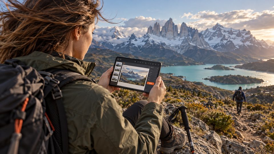 Over the shoulder of a hiker with a backpack on a mountain ridge above a turquoise lake, reviewing photos from her Mac on an iPhone Duo opened flat